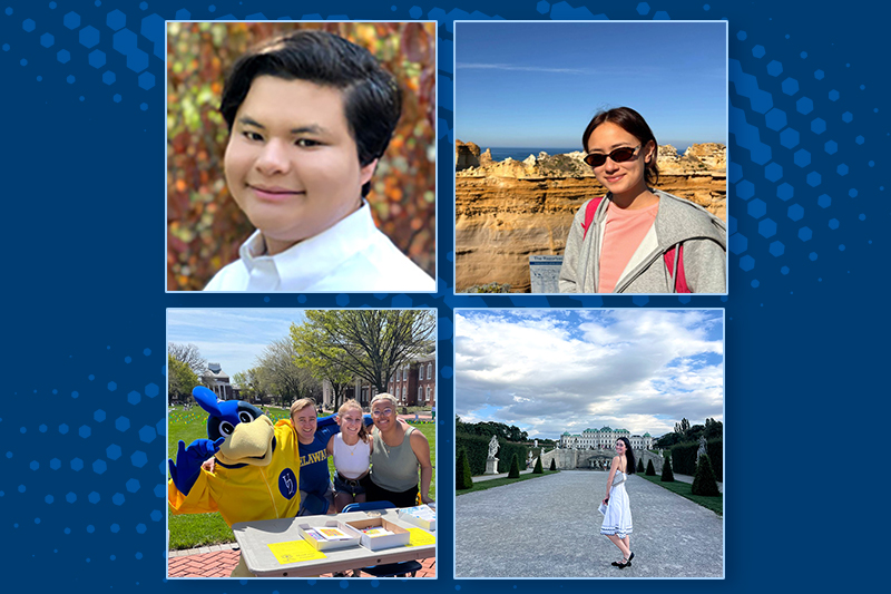 Photos on blue background of college students engaged in on campus activities and study abroad experiences.