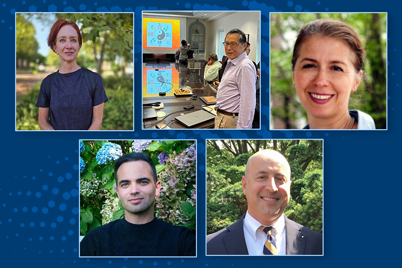 A collage of five images of University of Delaware faculty: Persephone Braham, Jianguo Chen, Cristina Guardiola-Griffiths, Fernando Ruiz García and Alex Selimov.