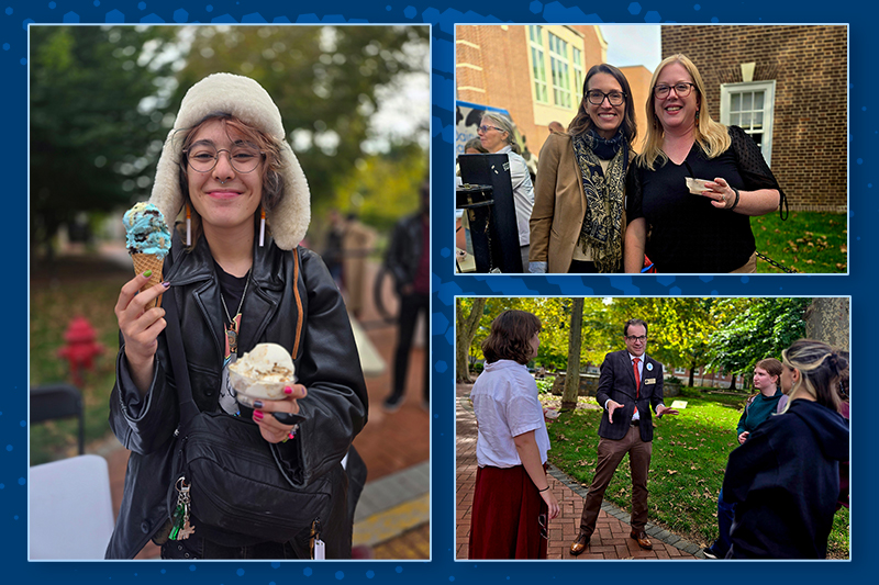 A collage of three images of students and faculty at an ice cream social event outside on a college campus.