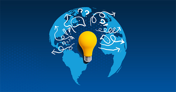 Illustration on blue background of earth globe, with yellow lightbulb and white doodles.