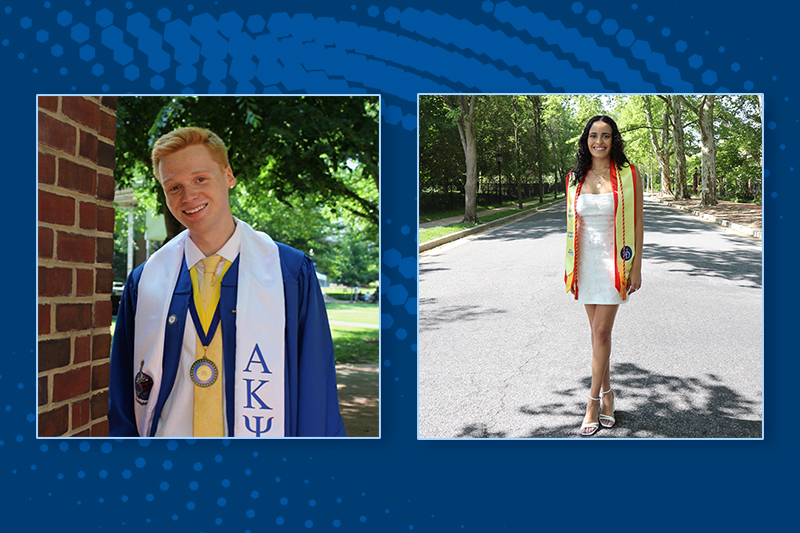 Photos on blue background of students in graduation regalia.