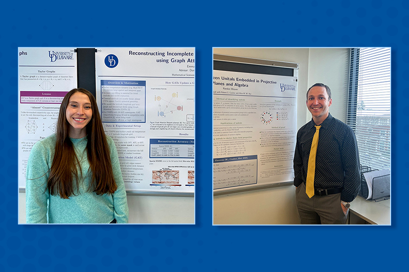 Images on blue background of graduate students next to their poster presentations.