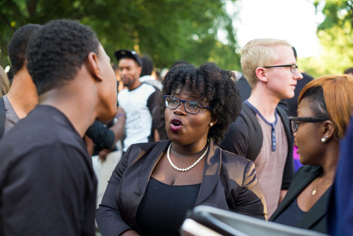 Students having an active discussion about racial tensions
