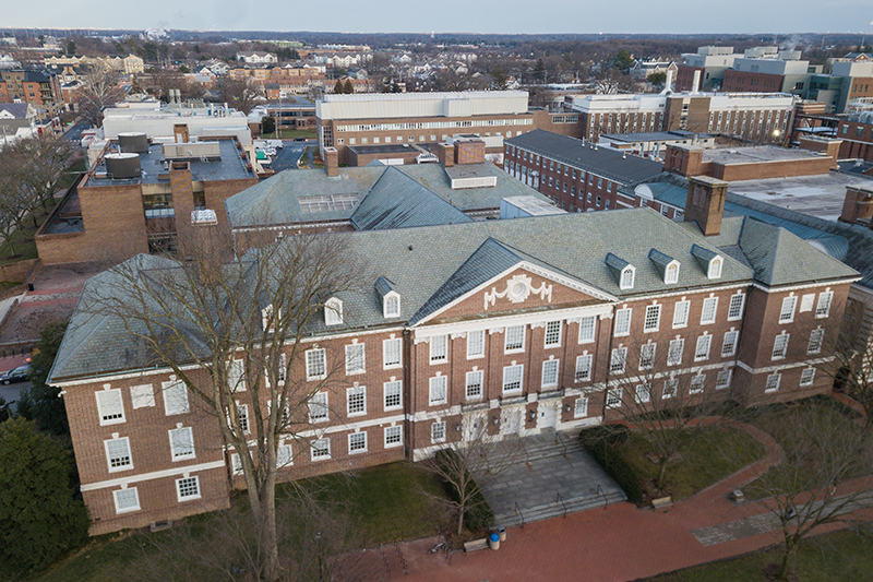Aerial view of an academic building on a college campus