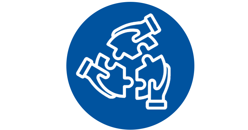 ICMH-Clinic Consultation Services Illustration in white over blue circle of three hands holding jigsaw puzzle pieces