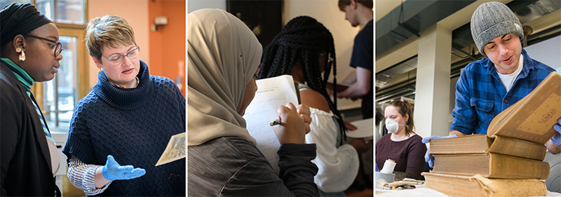A collage of three images of students working with other researchers on museum studies projects and taking notes in a classroom.