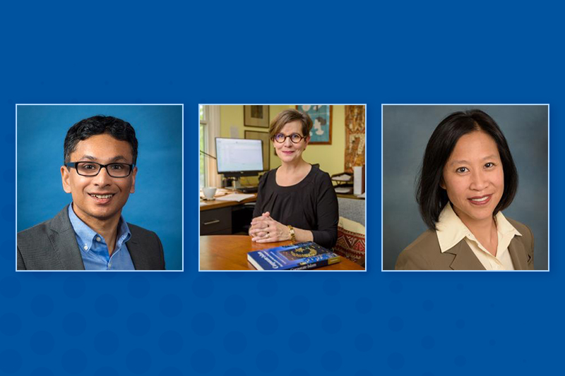 Headshots of Vikramaditya Thakur, Patricia Sloane-White and Alice Ba on blue background