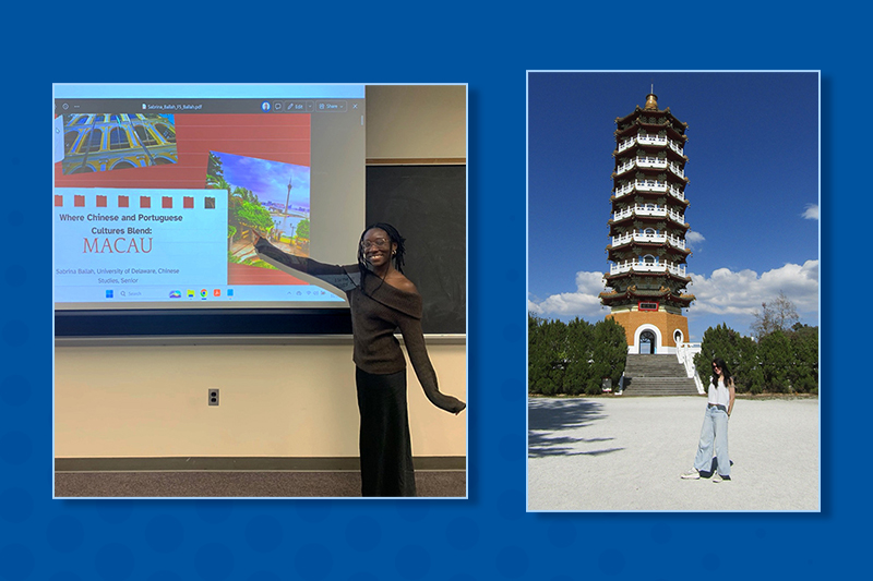 Collage of student images on blue background: Sabrina Ballah delivers a slide presentation in a classroom and Riley Gates stands in front of a tower in Nepal.