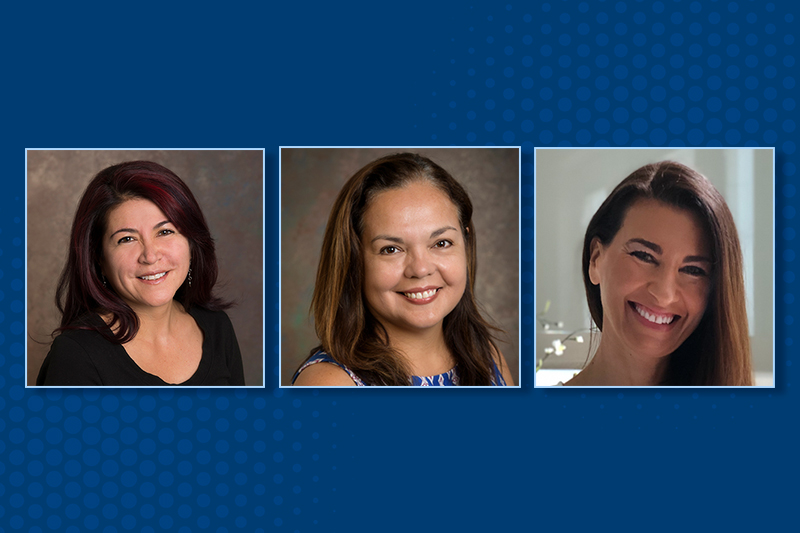 Headshots of Carla Guerrón-Montero, Mónica Domínguez Torres and Julia Domínguez on a blue background