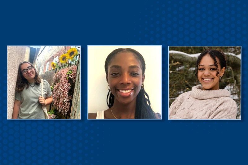 Rebecca Crump, Chanelle Adjei and Nyasha Rutanhira headshots on blue background