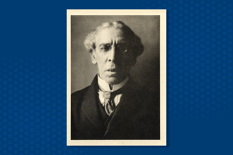 Historic black and white image of Israel Zangwill on blue background