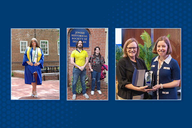 Collage of three student images: Dressed in graduation regalia, standing in front of the Jewish Historical Society of Delaware, and receiving an award from a UD official.