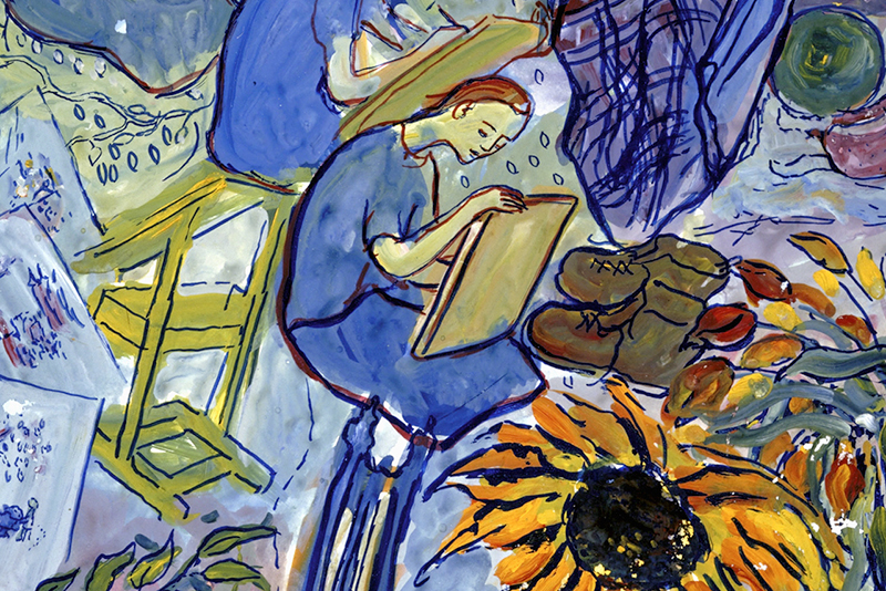 Vivid painting by artis Charlotte Salomon with blues and yellow, depicting a young girl reading a book next to a large yellow sunflower.