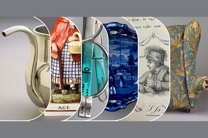 Collage of art works from Winterthur Museum include silver mug, ceramic figure, spectacles, dish, book and bed chair.