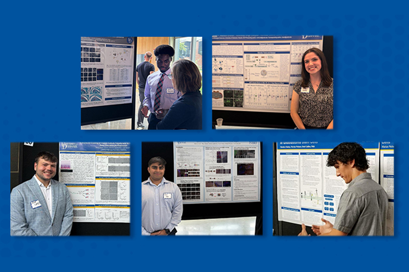 Collage of images of students standing next to posters of their research.