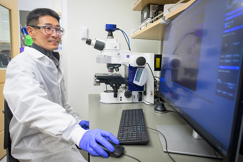 UD Professor Jason Lim in white lab coat and blue gloves works at his computer.