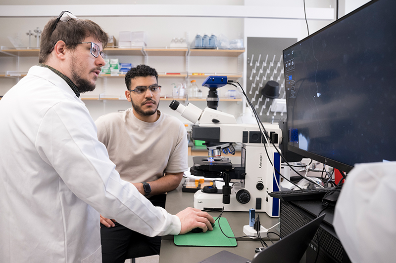 Researcher in white lab coat and a research assistant study a computer screen while working in a laboratory.