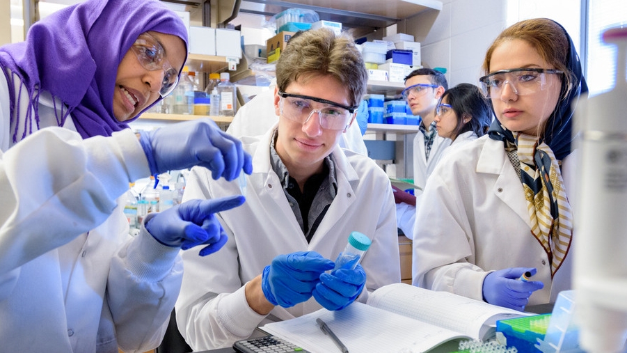 Professor and students in a lab space