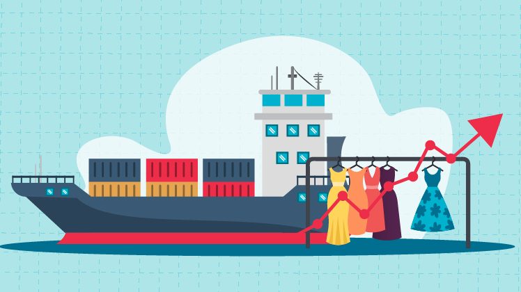 Color illustration of shipping containers on a large ship in the ocean with clothing line attached