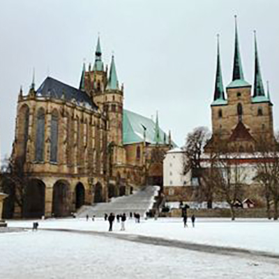 A medieval church on a snowy day in Leipzig, Germany