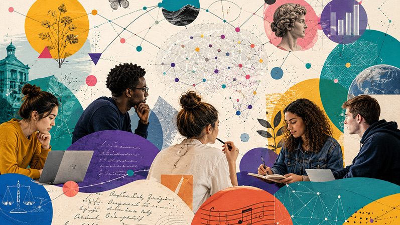 Collage illustration of students collaborating beneath interconnected visual elements representing artificial intelligence, data, language, ethics, the arts, science, history, and society, symbolizing interdisciplinary learning in the AI & Society Certificate program.