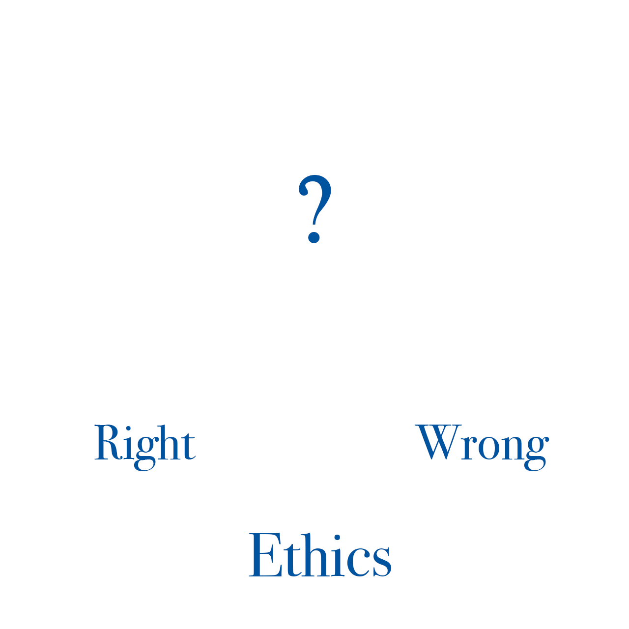 UD Department of Philosophy Scale of Justice, with "ethics" on the base, a question mark on the top of the scale, and "right" and "wrong" on the baskets of the scale.