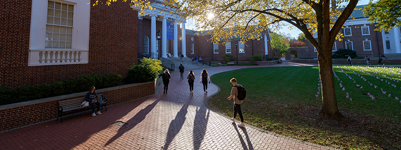College students walking on The Green in front of Memorial Hall on a sunny fall day. 