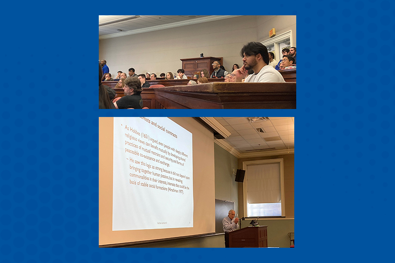 Collage of two images: an audience in a lecture hall and a lecturer behind a podium delivering remarks next to a slide presentation.
