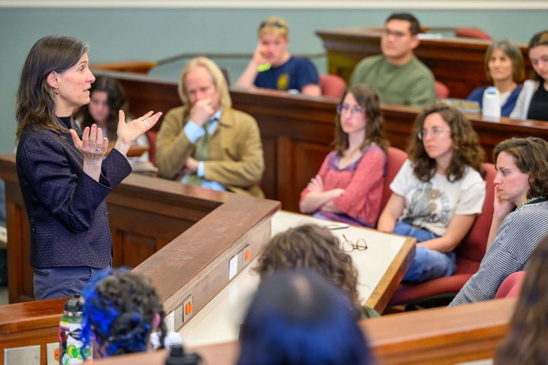 L.A. Paul, Milstone presented the spring 2025 Norton Lecture, "Transformative Changes of Self." Woman giving lecture to a room of people