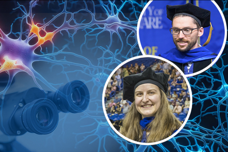 headshots of college students in graduation regalia on a background illustration of a neural network of brain cells and binoculars.