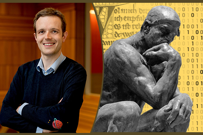 Collage of two images: Manuel Schottdorf and Rodin's The Thinker against a yellow background with a grid of 0s and 1s.