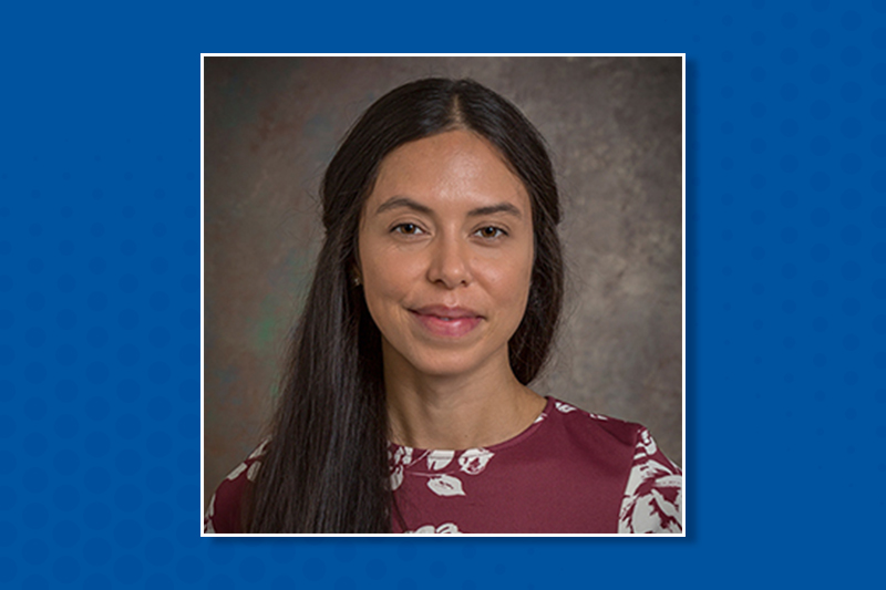 Headshot of Jennifer Kubota on blue background