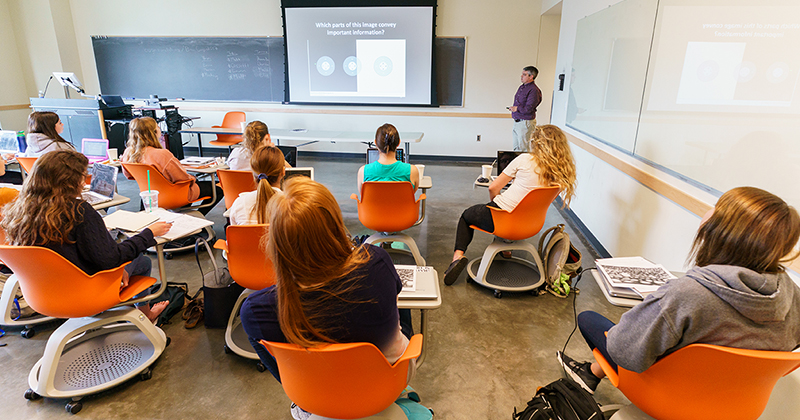 Students seated a desks inside a UD classroom listen attentively to a lecture by UD associate professor Tim Vickery as he presents his notes on a screen via a projector.