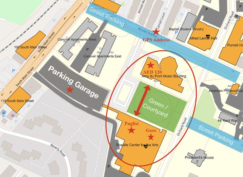 UD Campus map shoing the Roselle Center for the Arts