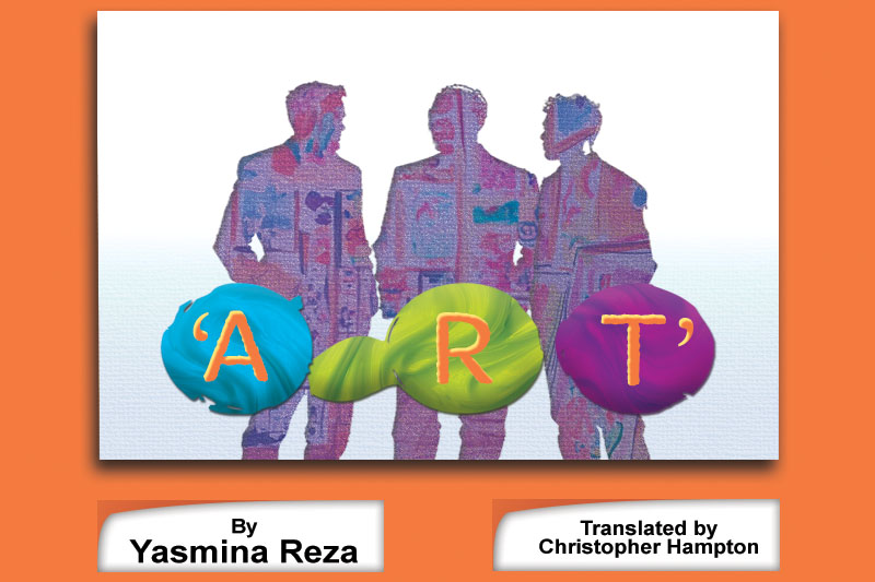 "Art" graphic "Art" play graphic: Silhouettes of three men with colorful painted letters "A-R-T" in front. The following is written below the graphic: "By Yasmina Reza" and "Translated by Christopher Hampton."