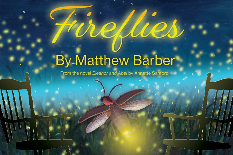 Fireflies play graphic illustration with one large fireflie and many small fireflies glowing above grass