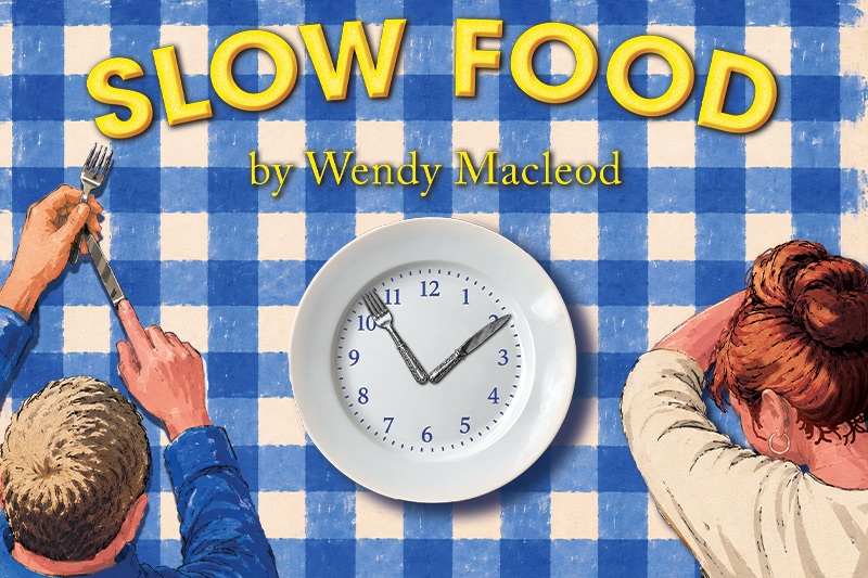 SLOW FOOD theatre play graphic illustration showing a white plate on a blue and white checkered table that looks like a clock and two people waiting with heads and torsos visible