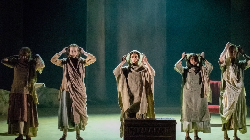 UD students Diane Counts, Amanda Herpel, Charlotte Kalilec, Esha Shah and Jenny Ziegler performed as the chorus in the spring 2023 REP production of the Euripides’ Greek tragedy “Medea.”