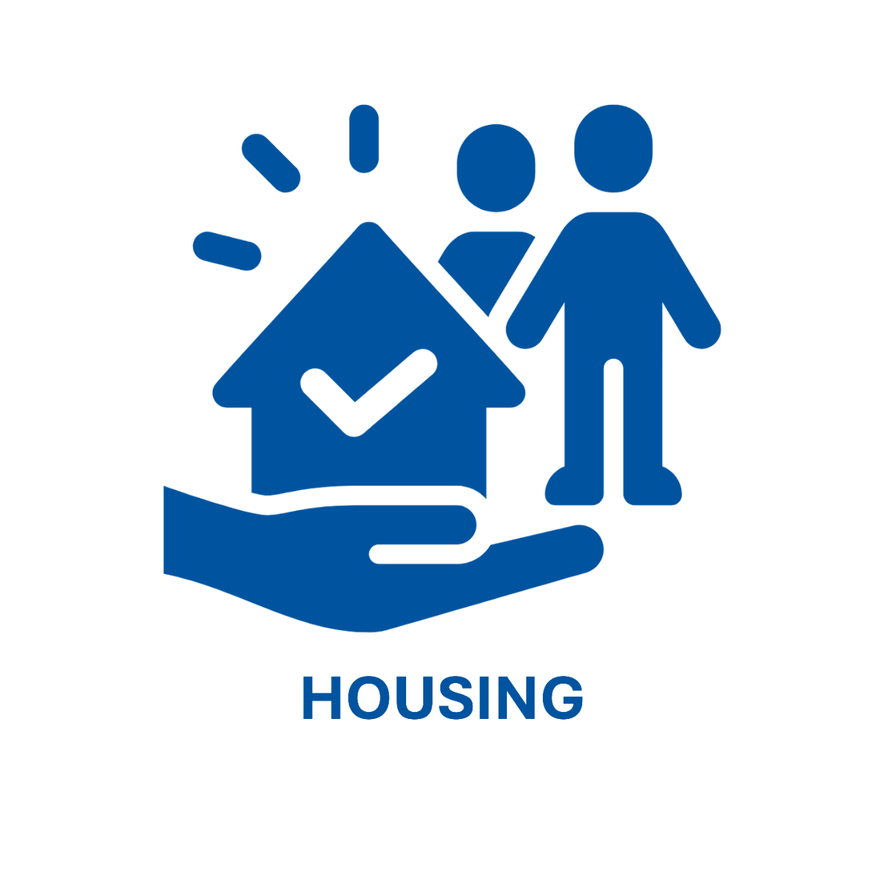 Hand holding a House shape with two stick figures standing next to the house with the word "housing." 