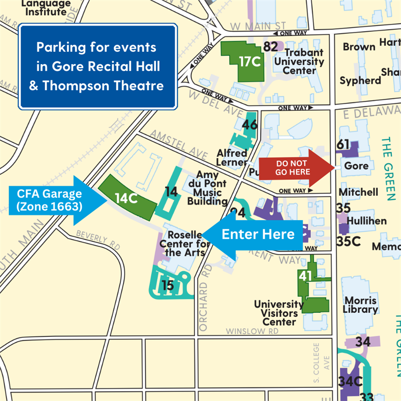 Parking map for events in Gore Recital Hall and Thompson Theatre this information is available as text on the page as well.