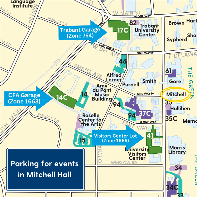 Parking map for events in Mitchell Hall, this information is available as text on the page as well.