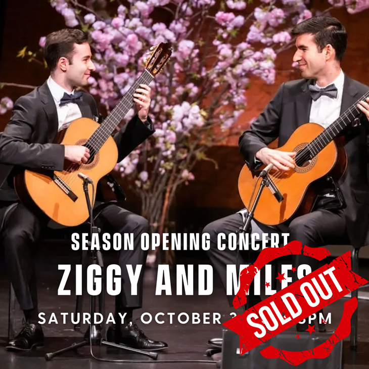 Ziggy and Miles guitar duo with white text: Season Opening Concert, Ziggy and Miles, Saturday, October 3, 2026, 3 p.m.