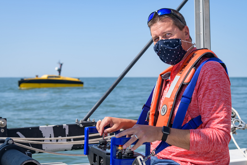 Art Trembanis is pictured operating one of UD's Autonomous Service Vessels (ASVs) 