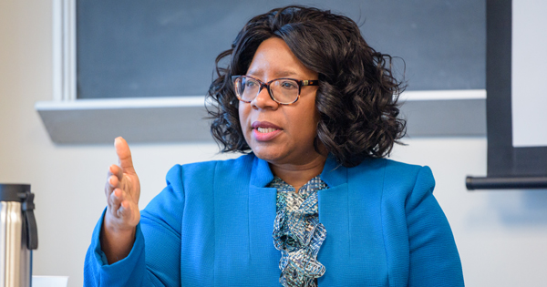 Students meeting with Dean of the College of Earth; Ocean; and Environment Estella Atekwana at Cannon Lab on the UD campus in Lewes, DE. The discussion portion was organized by a newly organized group of graduate students affiliated with SWMS: the Society for Women in Marine Science. - (Evan Krape / University of Delaware)