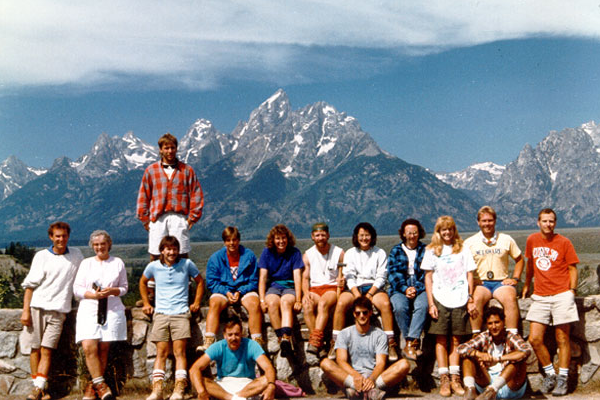 Early Thompson Field Experience Course students, pictured in front of mountains