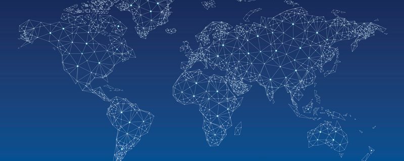 164552417 Blue map of the world with network of nodes connceted across land areas