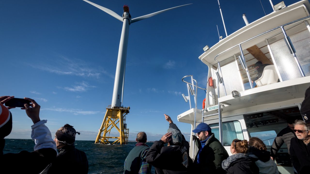 Students visiting offshore wind turbine 