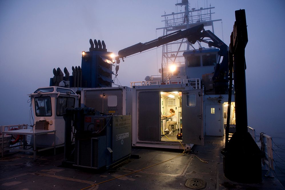 Photos from the R/V Hugh R. Sharp while on a research mission in the Delaware Bay Researcher at work in UNOLS Van lab onboard the R/V Sharp