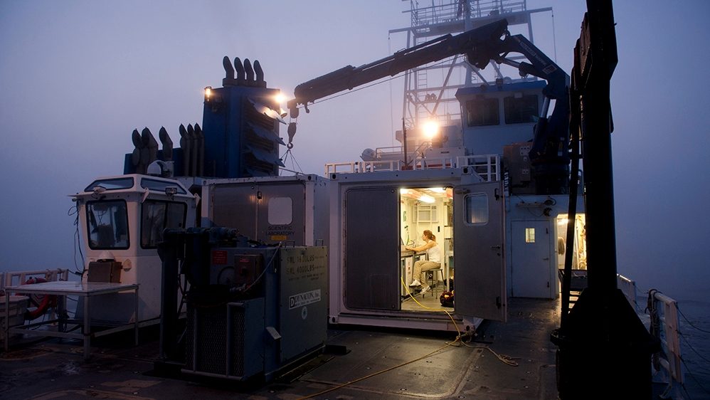 Photos from the R/V Hugh R. Sharp while on a research mission in the Delaware Bay Researcher at work in UNOLS Van lab onboard the R/V Sharp
