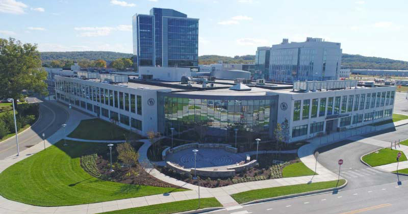 Aerial view of the Health Sciences Complex and the Memorial Labrynth